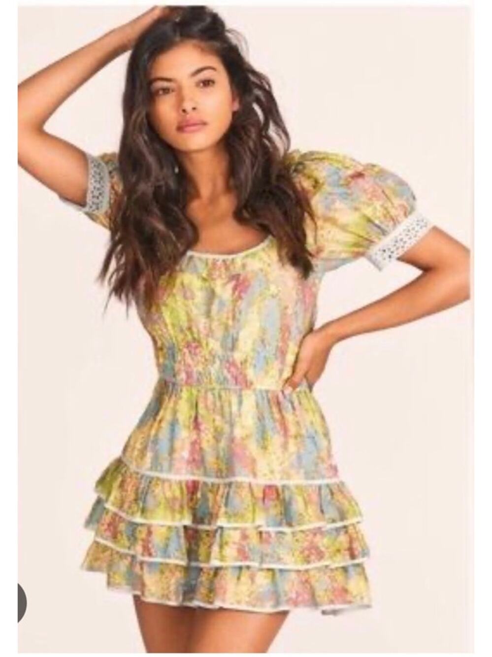 LoveShackFancy Safiya Cotton & Silk Blend Floral Tiered Prariecore Mini Dress - Picture 1 of 8